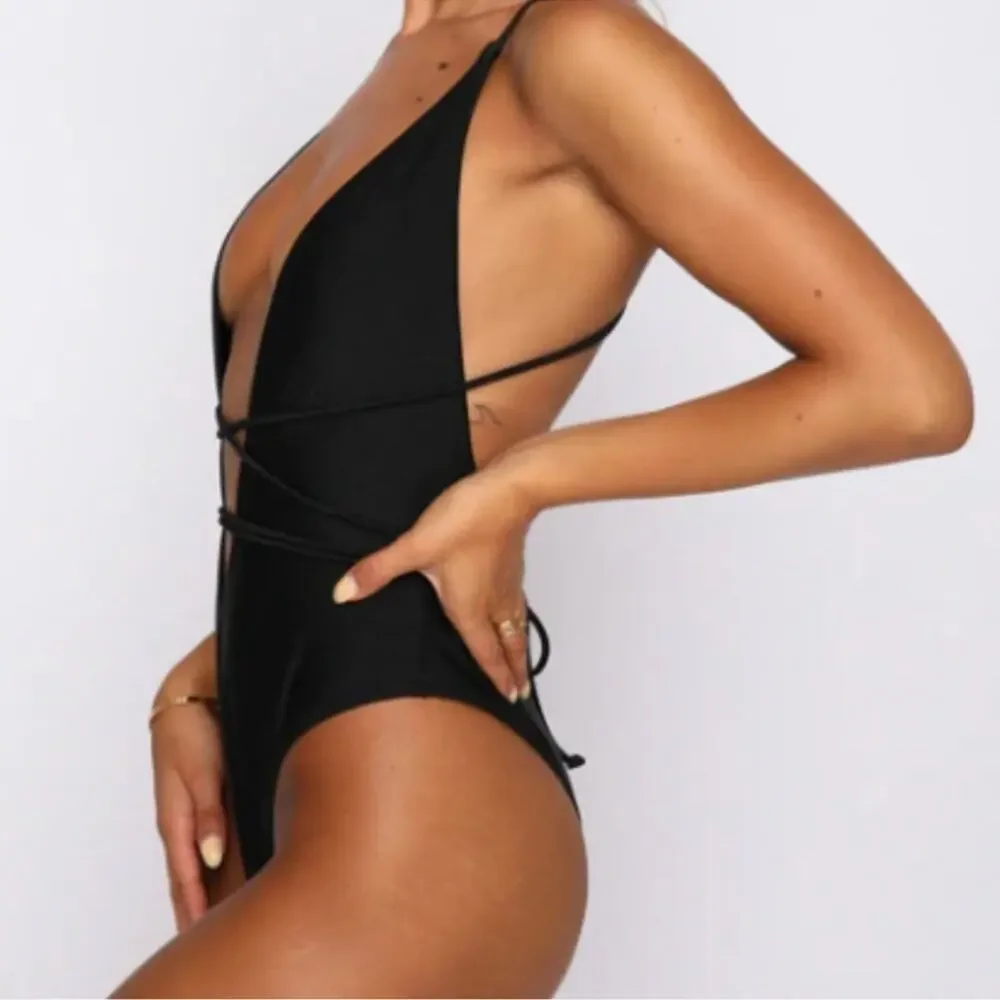 White Fox “Daydream Island” black shiny wrap sexy one piece swimsuit swimwear